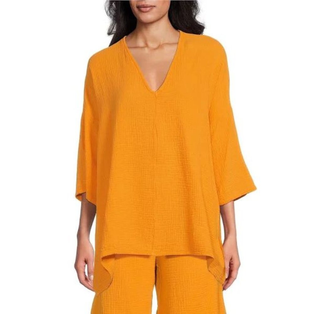 BRYN WALKER Bax V-Neck Gauze Shirt Tunic Top XXS Oversized Ursinia Orange NEW